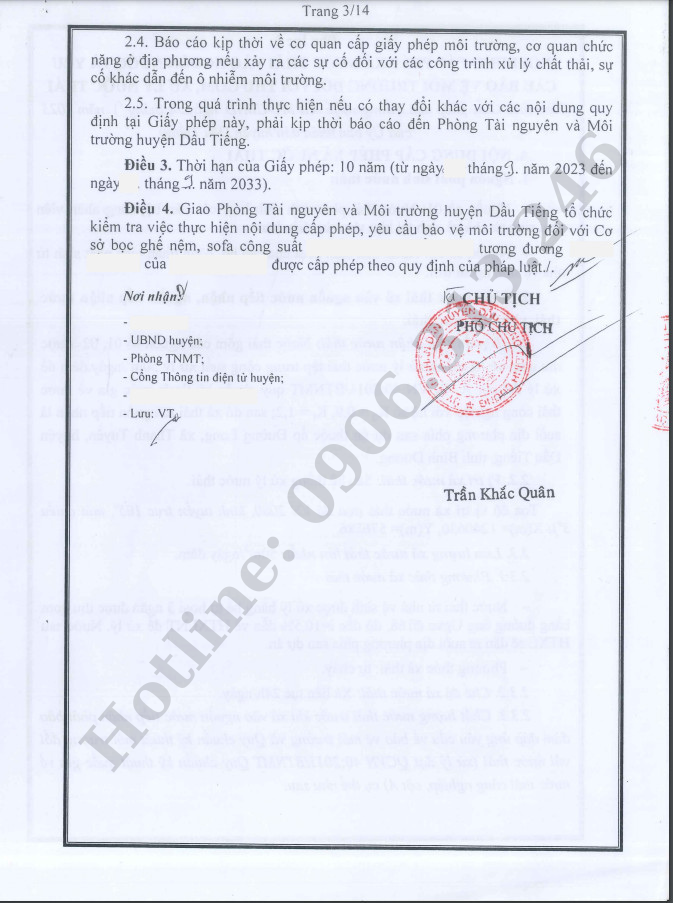 Hoàn thành giấy phép môi trường cho cơ sở bọc ghế nệm sofa tại huyện dầu Tiếng tỉnh Bình Dương