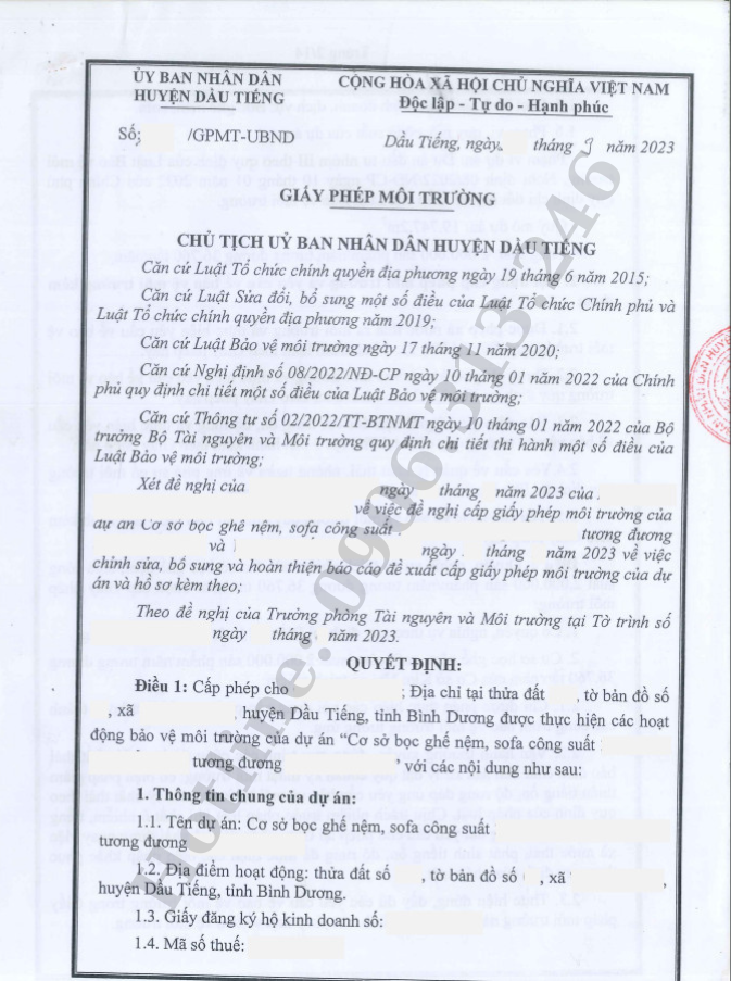 Hoàn thành giấy phép môi trường cho cơ sở bọc ghế nệm sofa tại huyện dầu Tiếng tỉnh Bình Dương