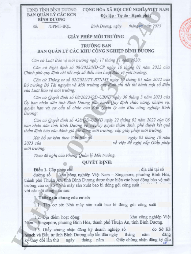Hoàn thành giấy phép môi trường cho nhà máy sản xuất bao bì đóng gói tại khu công nghiệp ở Thuận An Bình Dương