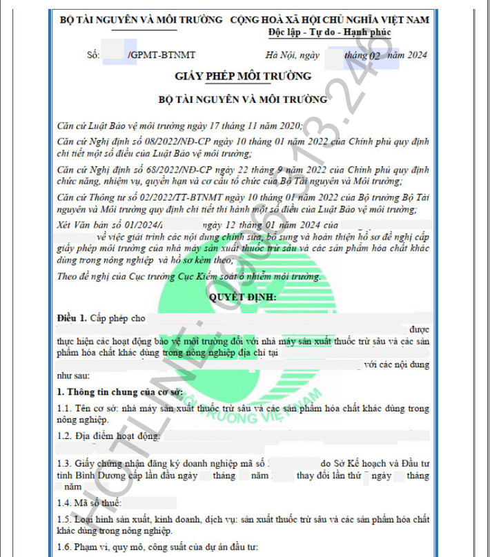 Hoàn thành giấy phép môi trường cấp Bộ cho công ty sản xuất thuốc trừ sâu