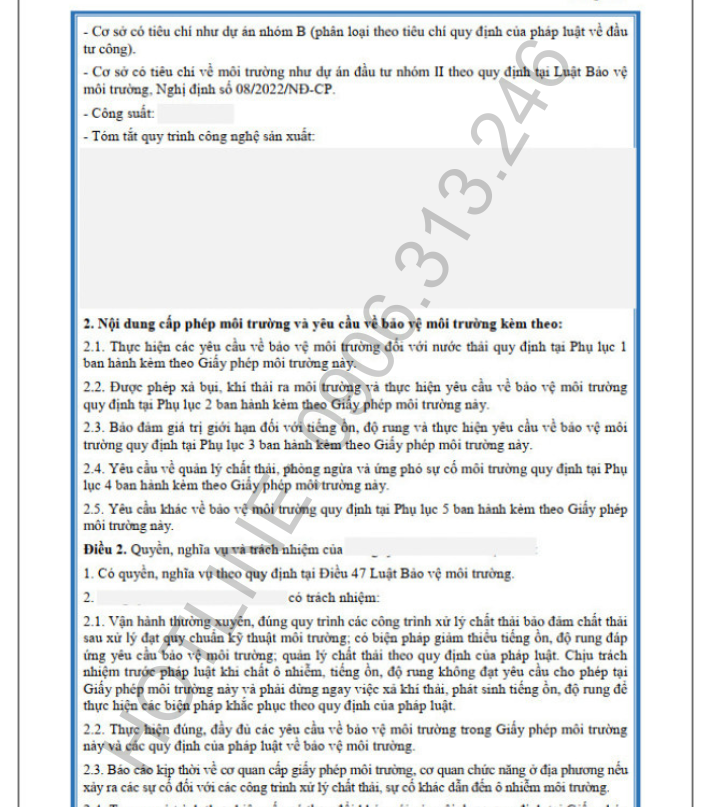 Hoàn thành giấy phép môi trường cấp Bộ cho công ty sản xuất thuốc trừ sâu